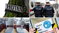 Ein Schild "Hotel" an der mit Efeu bewachsenden Wand eines Gebäudes (o.l.), Bundespolizisten von hinten (o.r.), Schulstühle auf einem Tisch in einem leeren Klassenzimmer (u.l) und ein Schild mit der Aufschrift "Maske auf nicht vergessen" (u.r.) 