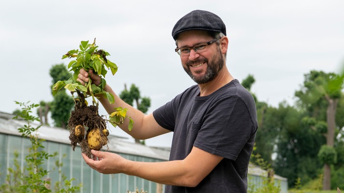 Thomas Deckert mit frisch geernteten Kartoffeln. 