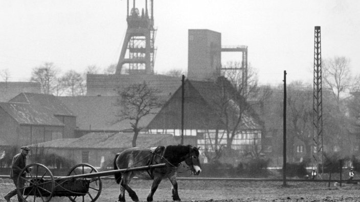 sw-Foto, Ein Bauer und ein Pferdegespann auf einem Feld, im Hintergrund eine Zechenanlage