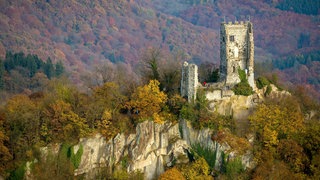 Blick auf die Ruine und Mauerreste der ehemaligen Burganlage Drachenfels