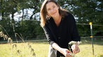 Christine Huber beim Sammeln von Kräutern auf der Wiese. 