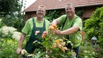 Michael Stücke und Jochen Klinge an einem Rosenstrauch.