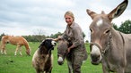 Theesa Cossmann mit Schaf, Esel auf Weide