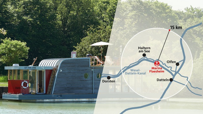 Hausboot, darüber eine Grafik mit der Route und dem Ankerplatz