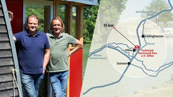 Hausboot, darüber eine Grafik mit der Route und dem Ankerplatz in Olfen. 