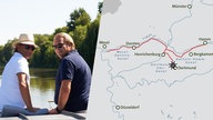 Hausboot, die Köche auf dem Rad, darüber eine Grafik mit der Route entlang der Römerroute.