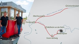 Hausboot, die Köche auf dem Rad, darüber eine Grafik mit der Route entlang der Ruhr.