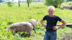 Jaap Frerichs auf der Wiese mit einem Schwein. 