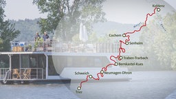 Bild mit darüberliegender Grafik der Route an der Mosel von Lecker an Bord