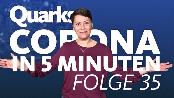 Montage: Katrin Krieft vor Text "Quarks – Corona in 5 Minuten – Folge 35"