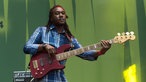 Der Bassist von The French Roses trägt Rastas und ein blau kariertes Hemd.