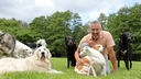 Andreas Ohligschläger sitzt mit vielen Hunden auf einer Wiese und schaut in die Kamera