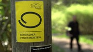 Pfosten mit Schild mit der Aufschrift "Bergischer Panoramasteig"