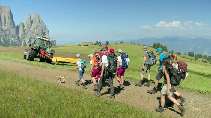 Tamina Kallert wandert mit einer Gruppe über eine Alm