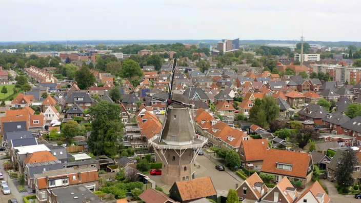 Eine Windmühle steht inmitten kleinerer Einfamilienhäuser