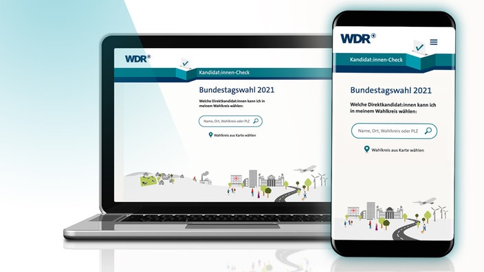 Montage: Laptop, Smartphone, mit Screenshot Tool Kandidat:innen-Check 2021