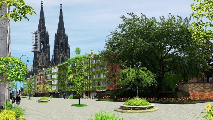 Ein bearbeitetes Foto von einer Straße in Köln mit ganz vielen Bäumen und Pflanzen, im Hintergrund der Kölner Dom.