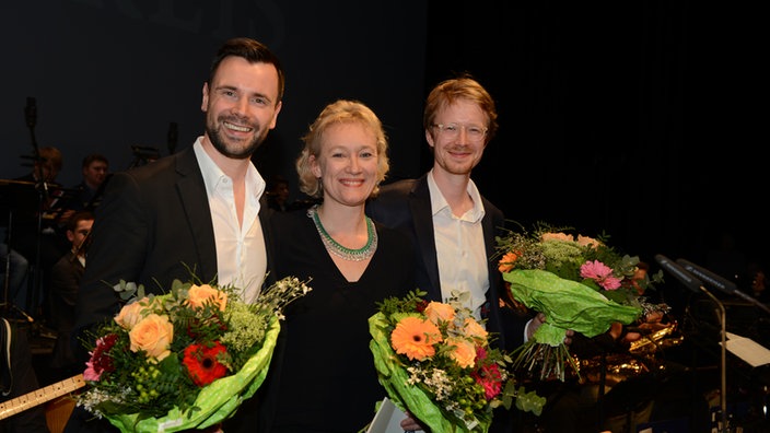 Felix Falk, Julia Hülsmann und Jonas Pirzer von der Union Deutscher Jazzmusiker (UDJ) beim WDR 3 Jazzfest 2016 in Münster