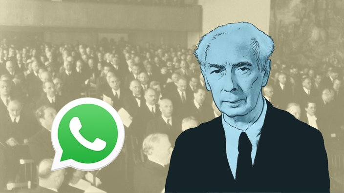 Porträt von Theodor Heuss und eine Grafikmontage von einem Whatsapp Symbol.