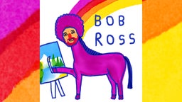 Ein Cartoon mit einem Pferd namens "Bob Ross" an der Staffelei