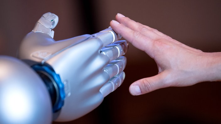 Die Hand eines Menschen berührt die Hand eines Roboters.