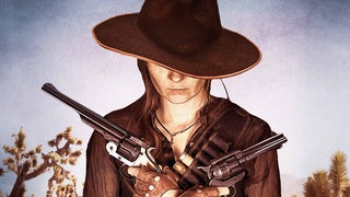 Cowgirl verschränkt ihre Arme, in den Händen Revolver.