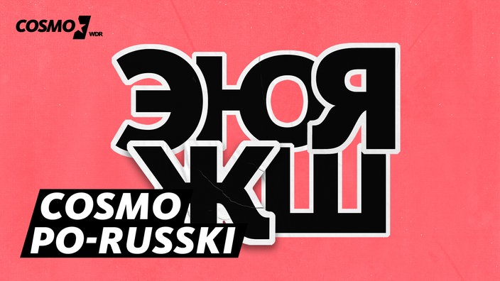 COSMO po-russki, Sendereihenbild des russischen COSMO Podcasts, Schriftzug auf rotem Grund.