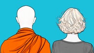 Illustration: 2 Personen nebeneinander, die linke Person ist als Buddhist verkleidet.