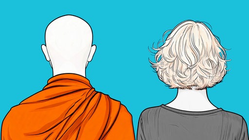 Illustration: 2 Personen nebeneinander, die linke Person ist als Buddhist verkleidet.