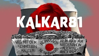 Podcastcover Kalkar 81: Eine Frau vor zwei Kraftwerken, davor Anti-Atomkraftwerk-Proteste.