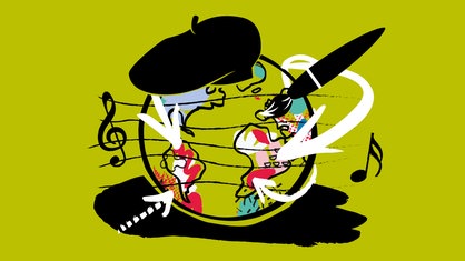 Illustration WDR 3 Kulturfeature: Globus, Musiknote und Pinsel.