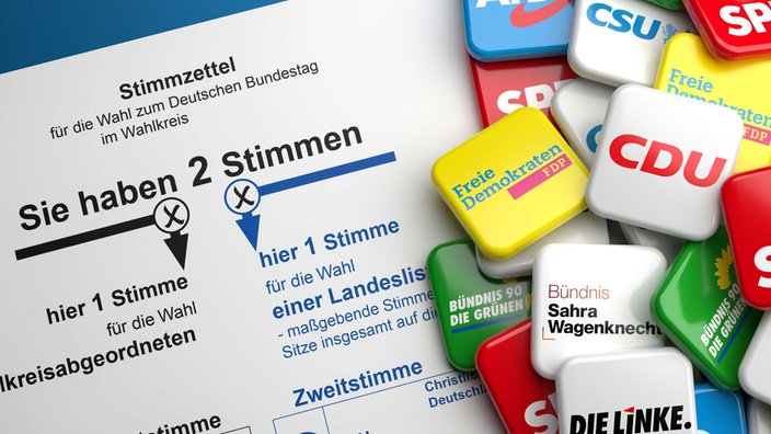 Symbolbild Bundestagswahl: Wahlzettel mit Logos der Parteien