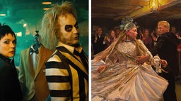 Links Filmszene aus "Beetlejuice Beetlejuice", Winona Ryder und Bob Michael Keaton. Rechts daneben Szene aus "Das Flüstern der Felder" mit Kamila Urzędowska in einer Tanzszene.