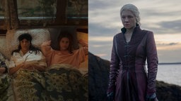 Links Szene aus der Serie "Land of Women" mit Eva Longoria, zwei Frauen unterschiedlicher Generationen liegen nebeneinander im Bett und starren an die Decke. Rechts daneben Szene aus "House of the Dragon", Rhaenyra Targaryen steht an einer Klippe.