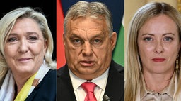 Von links nach rechts: Die französische Politikerin Marine Le Pen, der ungarische Ministerpräsident Viktor Orbán, die italienische Ministerpräsidentin Giorgia Meloni 