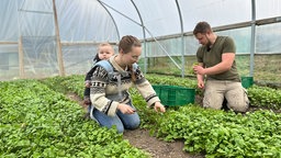 Junglandwirtin Marie Woeste mit ihrem kleinen Sohn und ihrem Partner Lewis Zierke auf einem Gemüsefeld