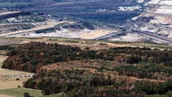 Der Rest des Hambacher Forst im Vordergrund, im Hintergrund der Tagebau Garzweiler.