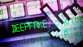 Der Mauszeiger schwebt über Computertasten mit der Aufschrift "DEEPFAKE".