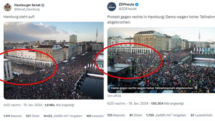 Zwei Bilder mit überfüllten Plätzen nebeneinander.