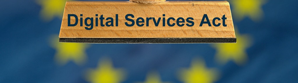 Ein symbolischer Holzstempel mit der Aufschrift "Digital Services Act", gehalten von einer Hand vor einer unscharfen EU-Flagge im Hintergrund. 