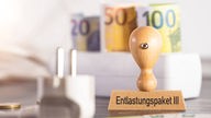 Steckdose, Geld und Holz Stempel mit der Aufschrift: Entlastungspaket III.