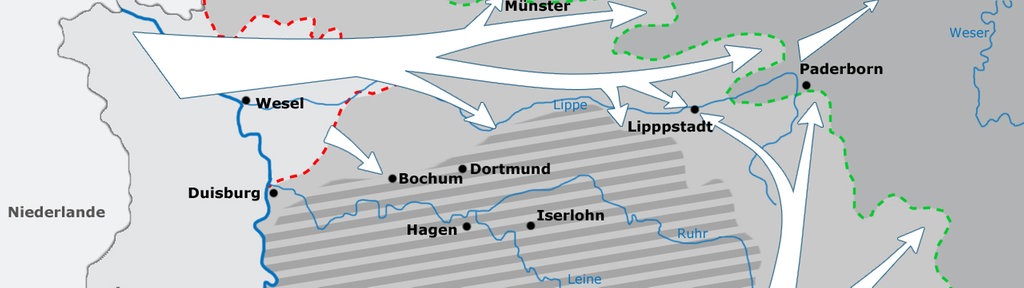 Karte zeigt alliierten Vorstoß im Westen, zwischen September 1994 und April 1945