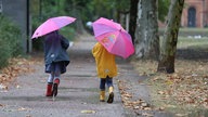 Zwei Kinder laufen mit Regenschirmen durch den Park am Mariannenplatz 