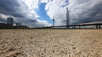 Trockenes Flussbett im Rhein vor Rheinkniebrücke und Rheinturm