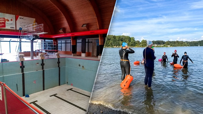 Splittscreen: Leeres Schwimmbecken und Holger Stoffel in Neoprenanzug