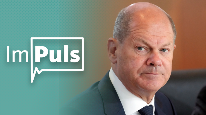 ImPuls-Logo links im Bild, rechts im Bild Bundeskanzler Olaf Scholz