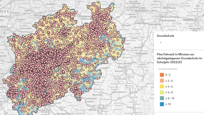 Karte zur Erreichbarkeit von Schulen in NRW