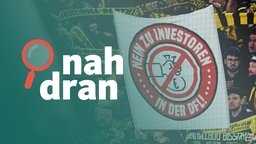 Im Hintergrund ist eine Menschenmenge im Fußballstadion zu sehen. Jemand hält ein Plakat hoch, auf dem steht: "Nein zu Investoren in der DFL!" Im Vordergrund steht "nah dran", der Titel des Podcasts.