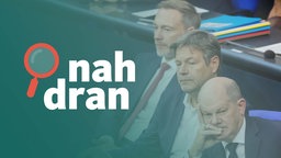 Das Bild zeigt Bundeskanzler Olaf Scholz, Wirtschaftsminister Robert Habeck und Finanzminister Christian Lindner. Daneben ist das nah dran Logo.