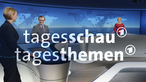 Studioansicht und Signet der Sendungen Tagesschau und Tagesthemen